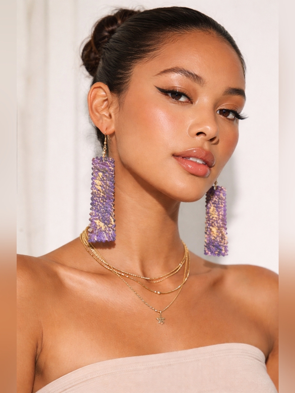 Handmade Large Purple & Gold Rectangular Statement Drop Earrings